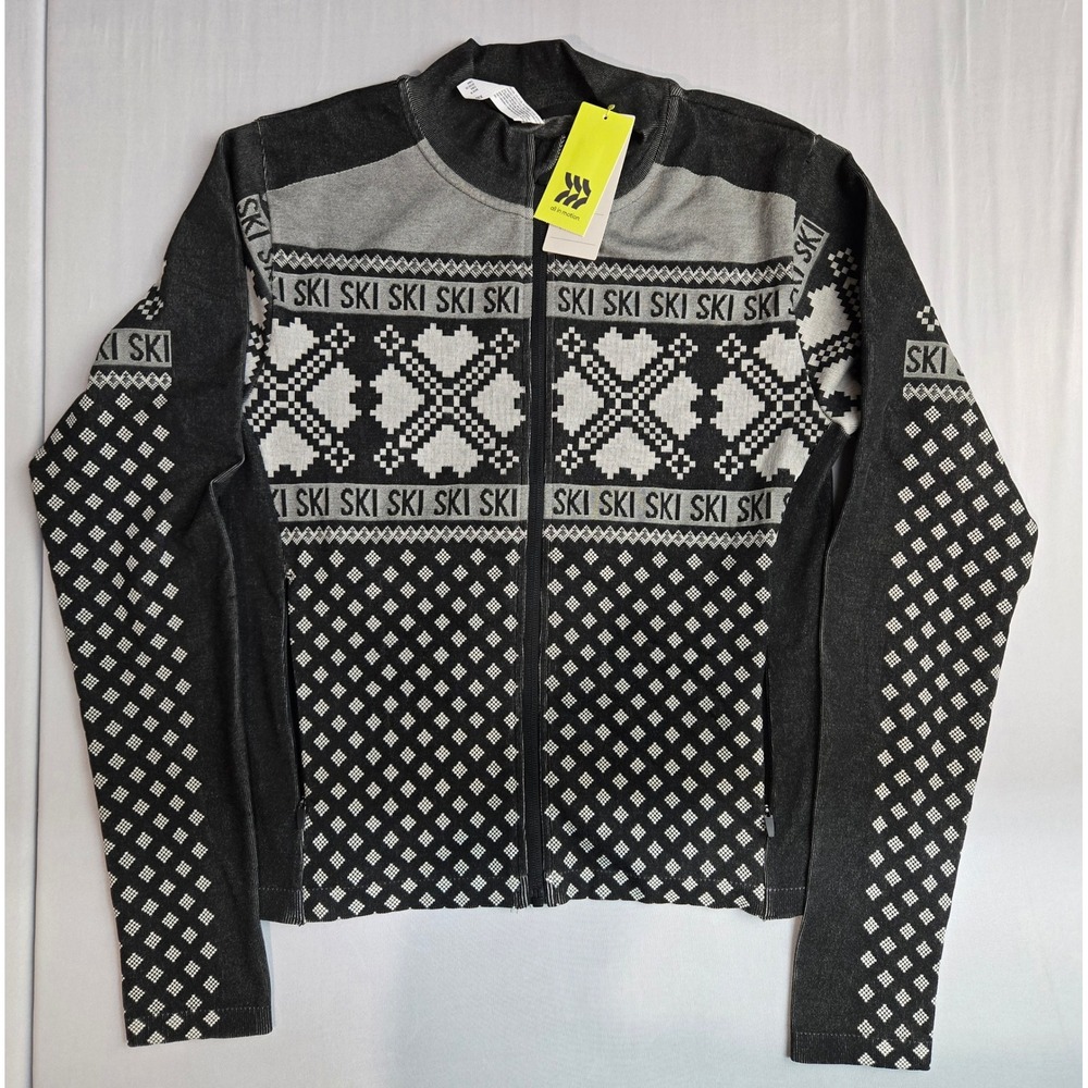 All In Motion Womens Ski Fair Isle Full Zip Sweatshirt Black Grey Large NWT